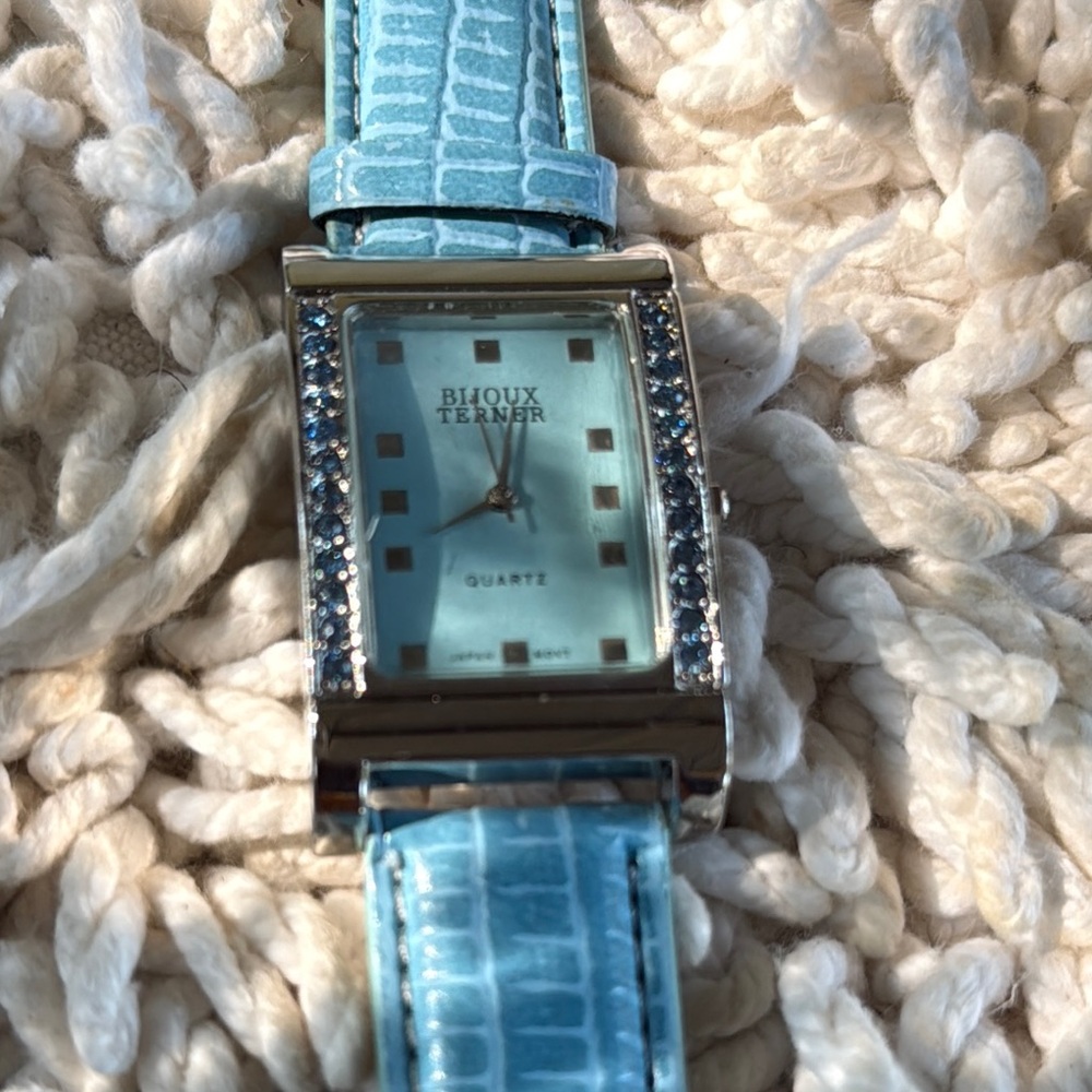 New BIJOUX TERNER Blue Silver Blue Tint Crystal Frame Leather Watch - Picture 4 of 10